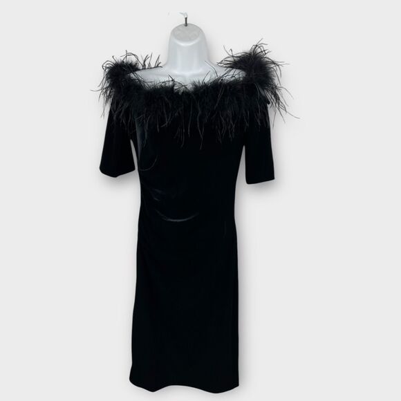 XSCAPE Womens Black Feathered Unlined Elbow Sleeve Sheath Velvet Ruched Dress 8 - Picture 2 of 10